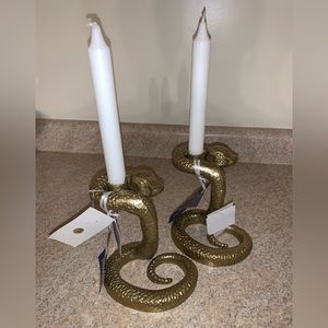 Pair of Gold Metal Snake Pillar Candle Holders. NWT.